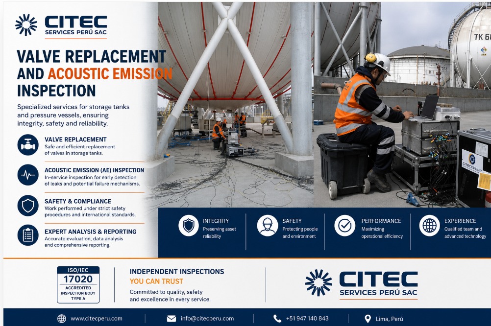 Técnico operando equipos de inspección por emisión acústica en un tanque industrial